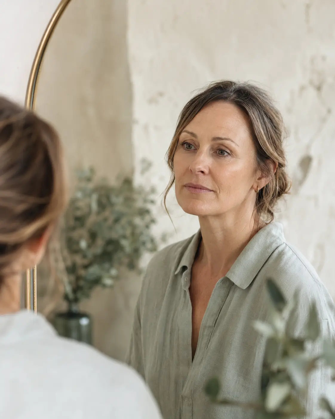 Woman looking thoughtfully at her reflection after experiencing cosmetic surgery complications.