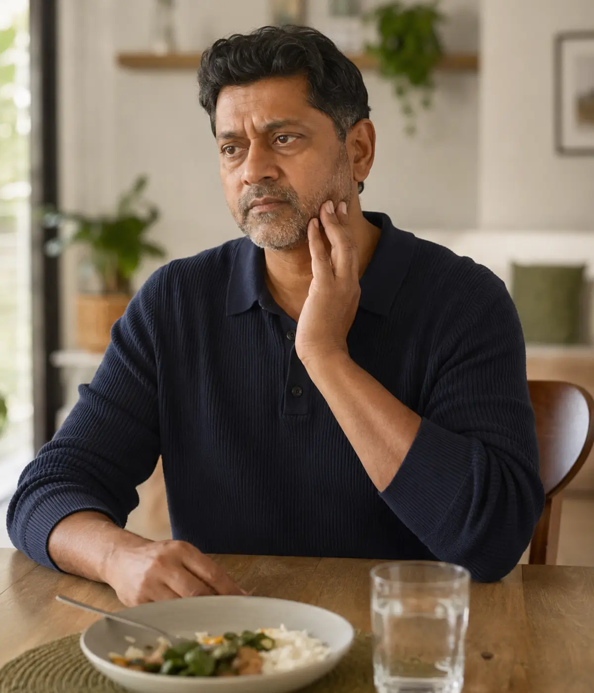 d Man touching his jaw beside an unfinished meal, representing lasting dental complications.