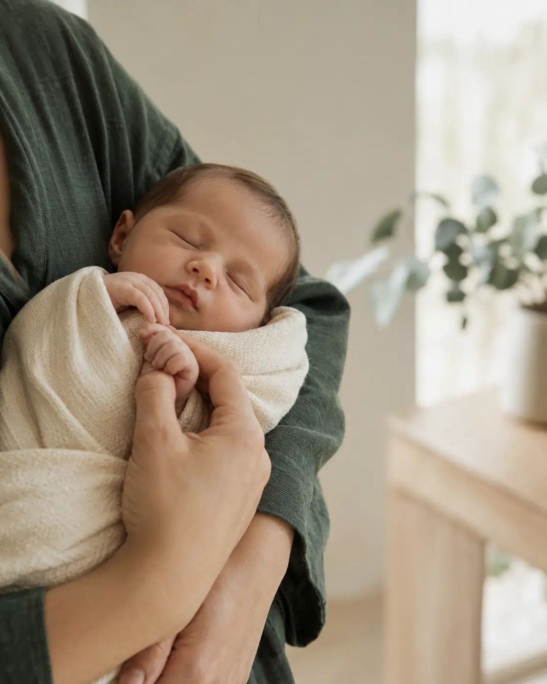 Parent gently holding a sleeping newborn baby