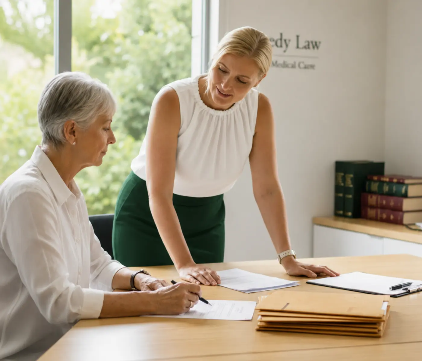 Jane Butler explaining the legal claims process to a client.