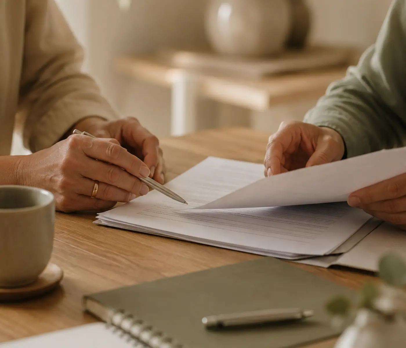 Lawyer and client reviewing documents during a medical negligence consultation.