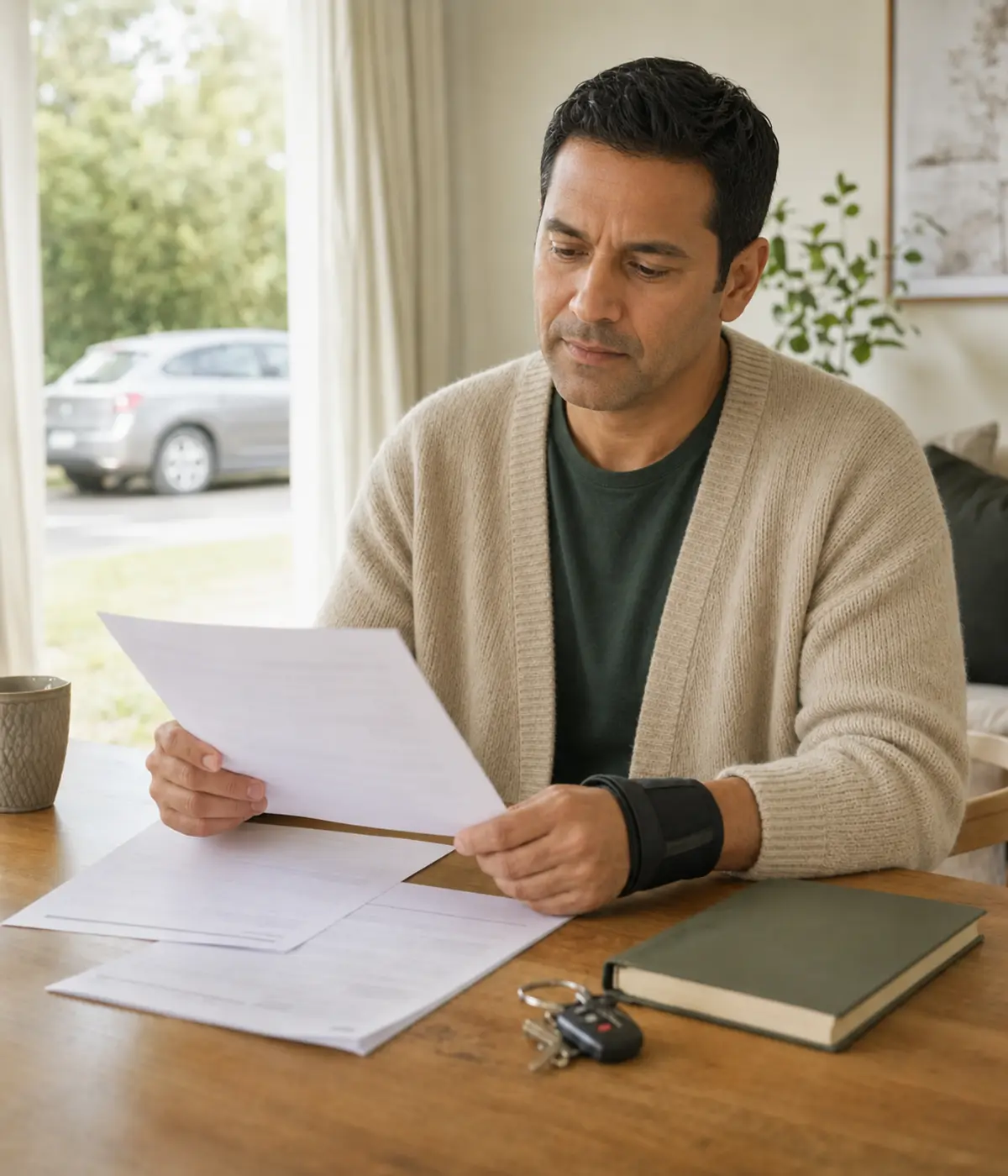 Man wearing a wrist support reviewing paperwork after a motor vehicle accident.