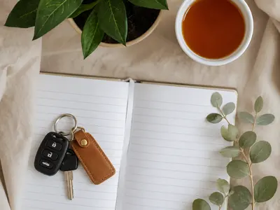 car keys on notepad with cup of tea and a plant to represent motor vehicle accidents