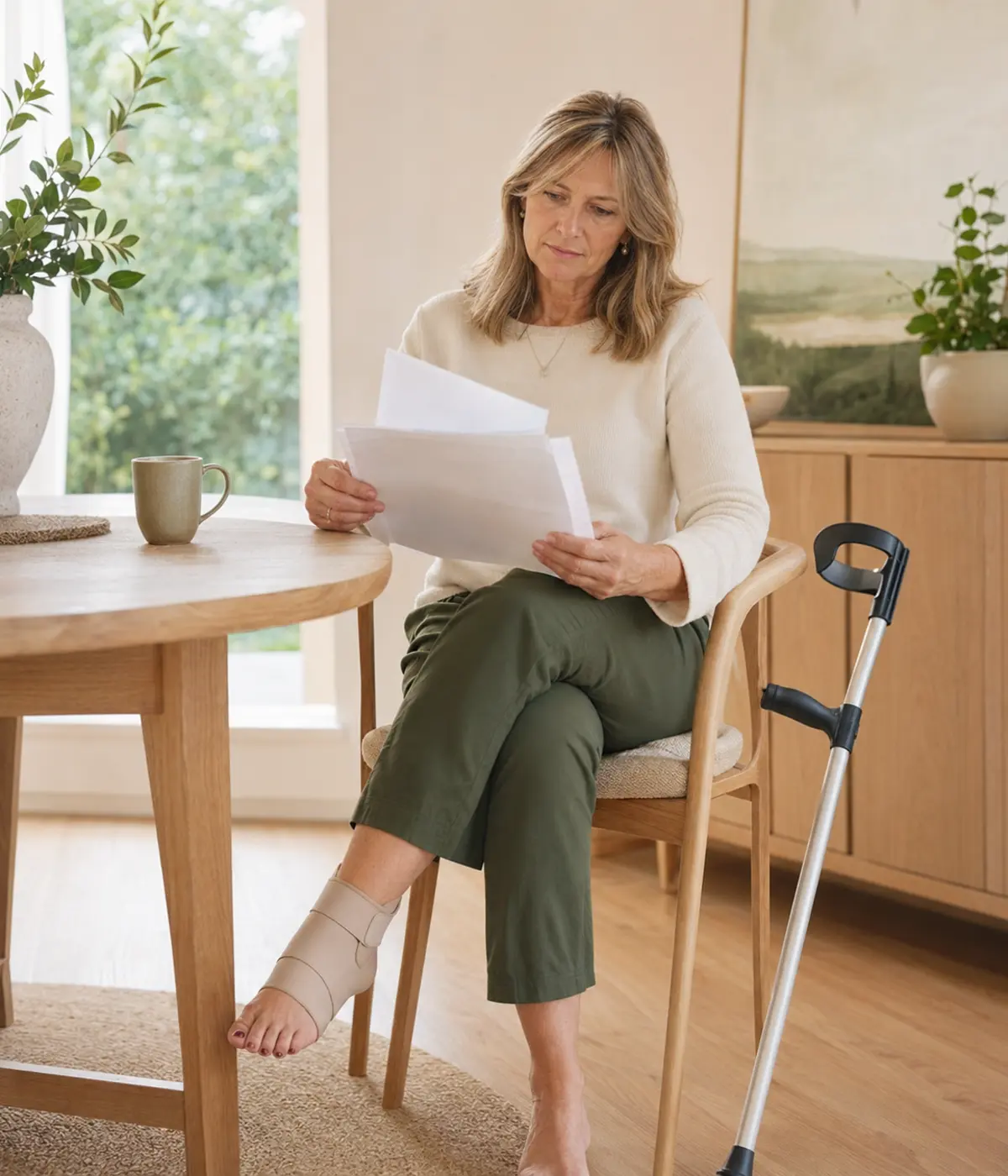 Woman with an injured ankle reviewing documents for a public liability claim.