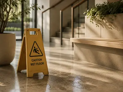 Wet floor sign representing public liability