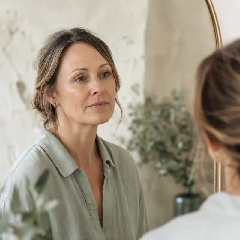 Woman looking thoughtfully at her reflection after experiencing cosmetic surgery complications.