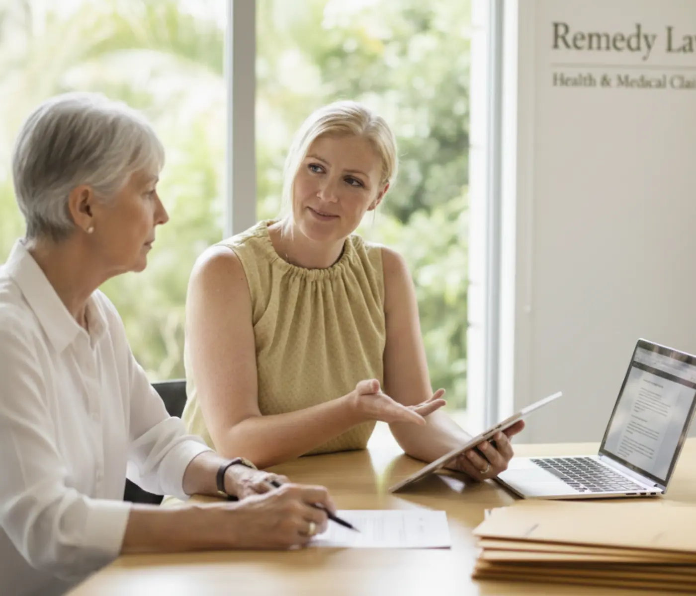 remedy-law-group Lawyer speaking with a client at the Remedy Law Group office.