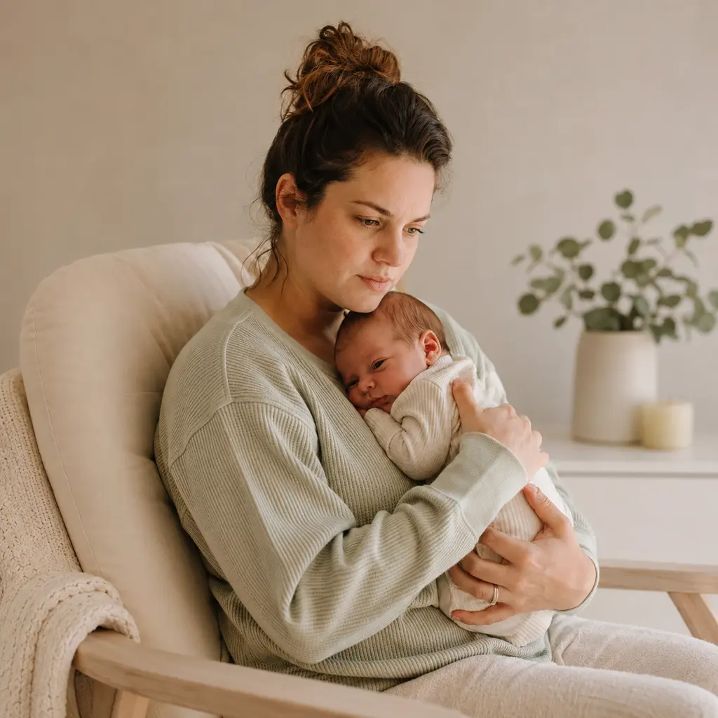 Mother holding her newborn after a difficult birth
