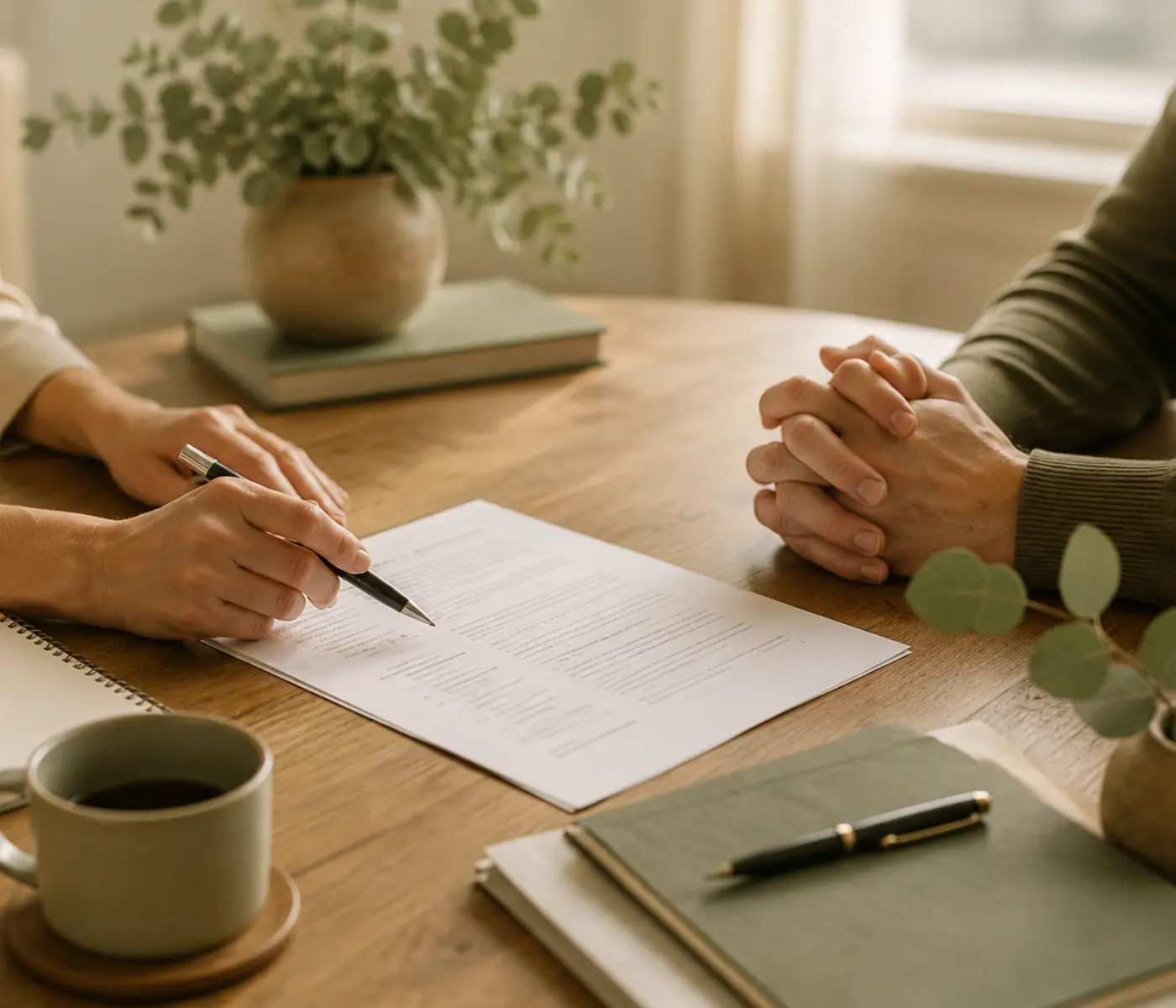 Lawyer and client reviewing documents during a medical negligence consultation.