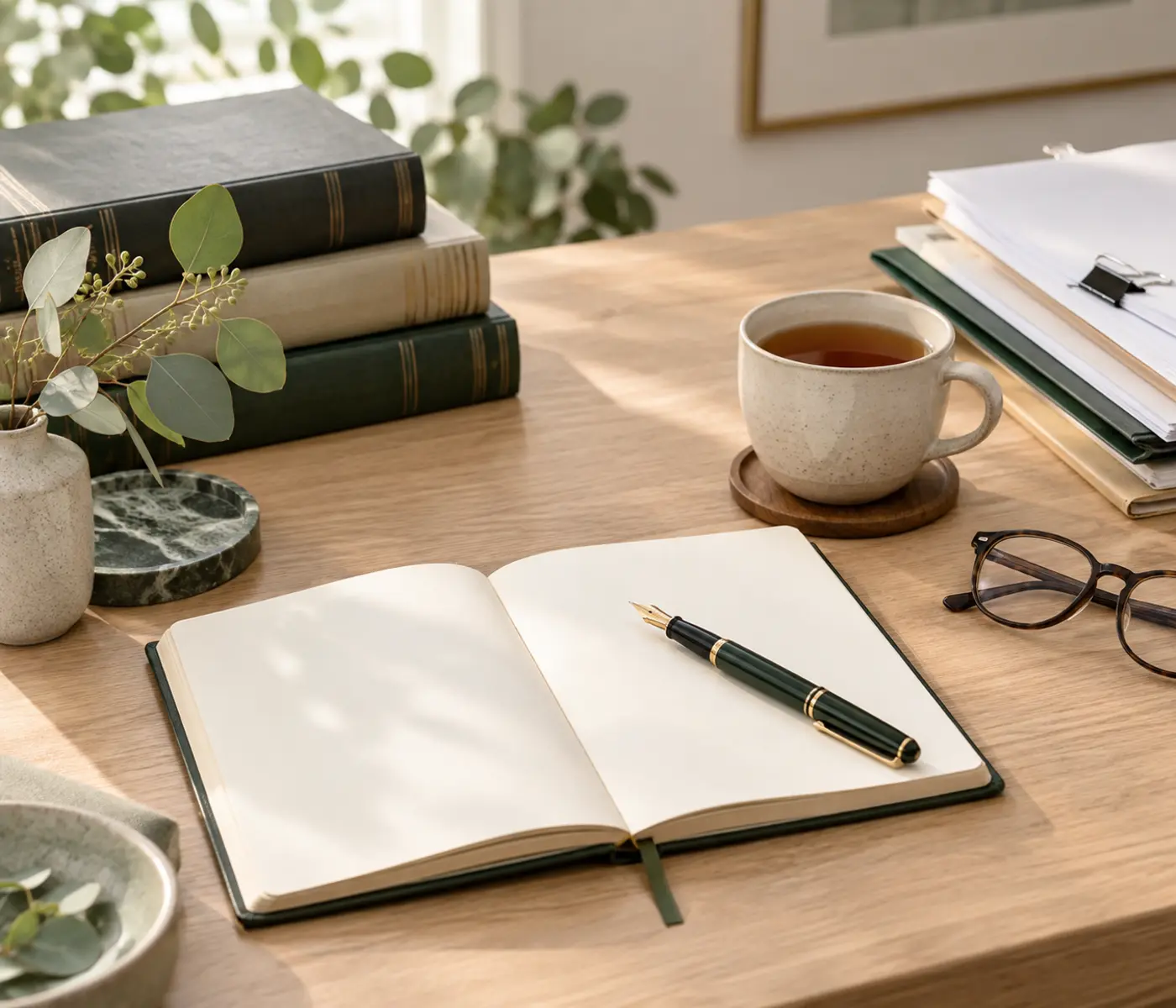 Open notebook and fountain pen on a sunlit desk with legal books and a cup of tea